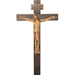 Cristo Románico en cruz Madera vieja con Titulus Crucis en hebreo - latín - griego